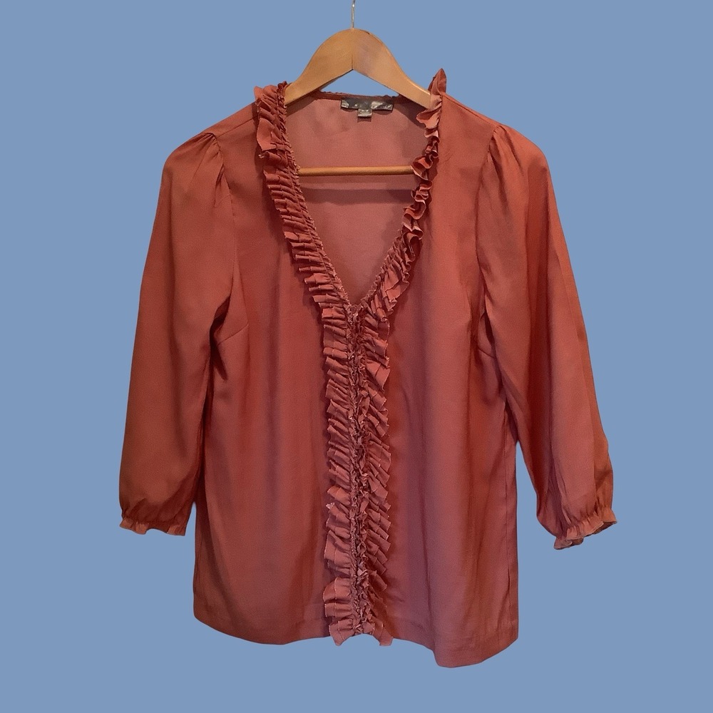 Love 21 Women's Irreidescent Peach Ruffle Top Romantic Whimsical Tunic Shirt Med